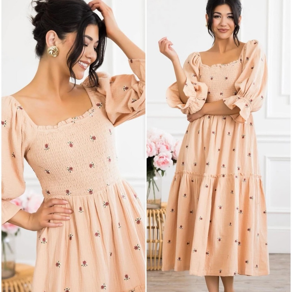 Peach long sleeve smocked midi dress